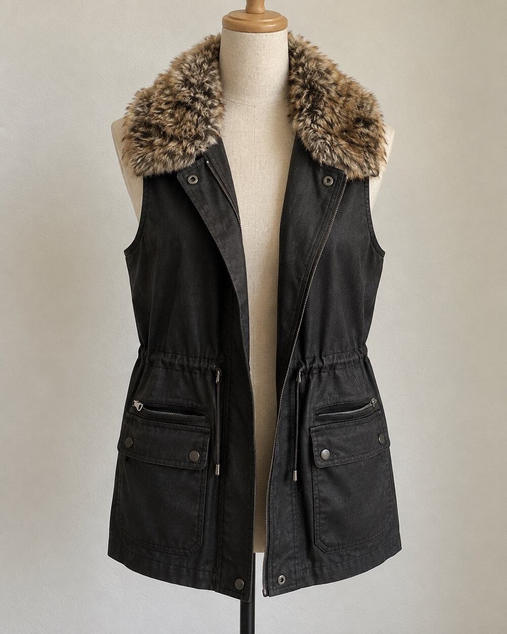 J.Jill Small Petite Faux Fur Collar Utility Vest Quilted Brown Quiet Luxury Fall